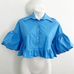 Vintage Ruffle Crop Top Puff Sleeves Blue  Preppy SMALL womens